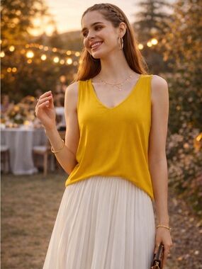 DOUBLJU Women's Basic Lightweight V-Neck Tank Top in Mustard